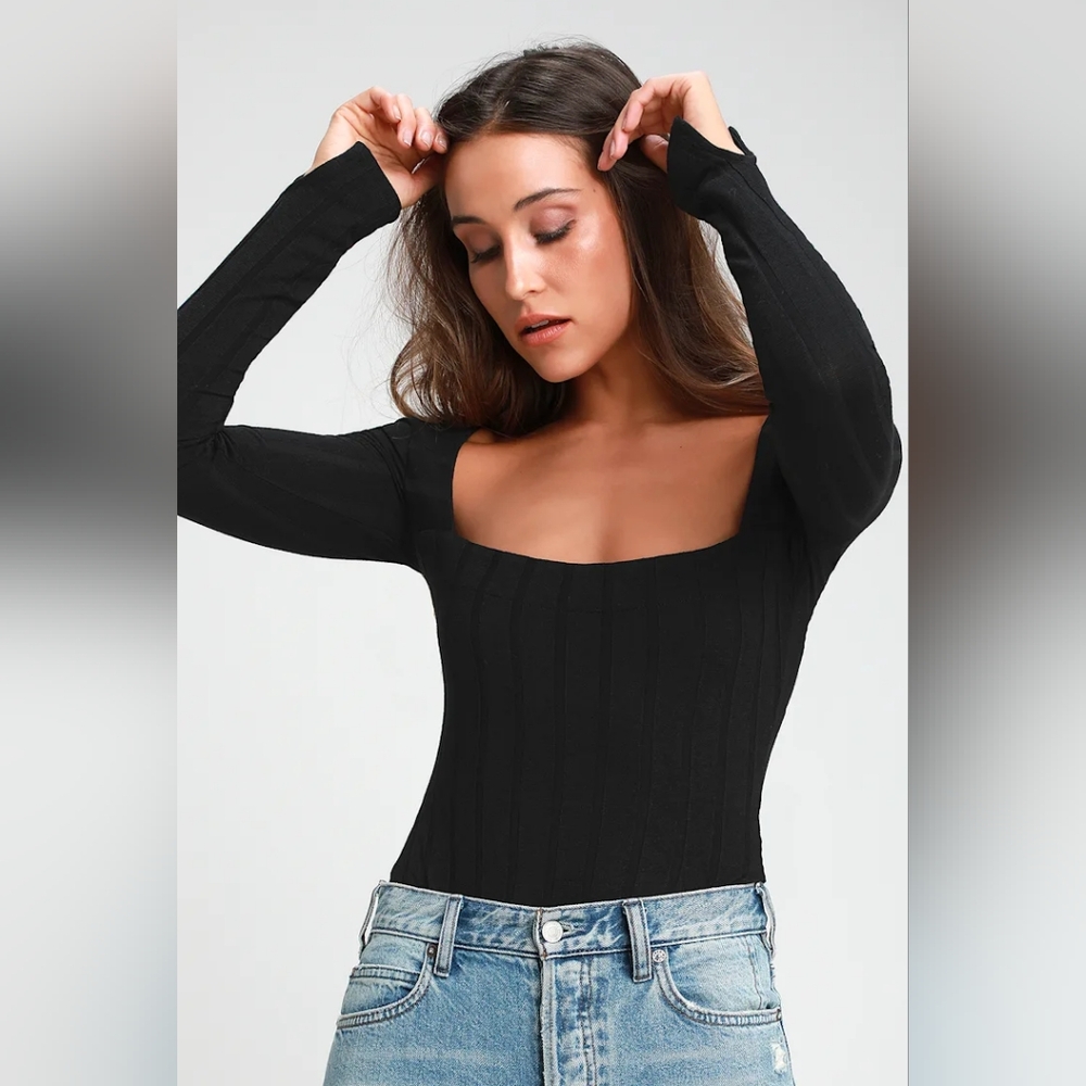 Free People Black Ribbed Bodysuit Square Neckline Party Cocktails Concerts - Picture 4 of 10
